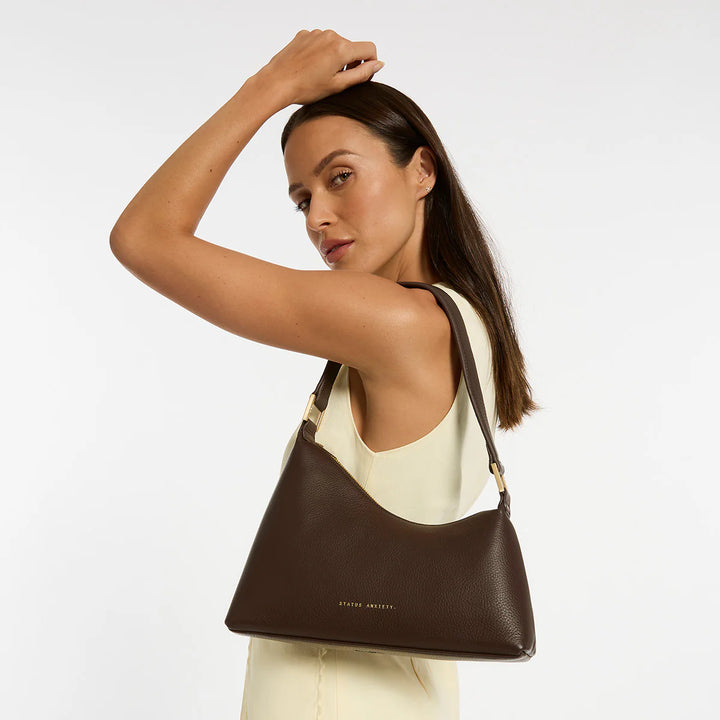 STATUS ANXIETY Womens Reverie Leather Bag in Cocoa w Brushed Gold, WOMENS BAGS & CLUTCHES, STATUS ANXIETY, Elwood 101