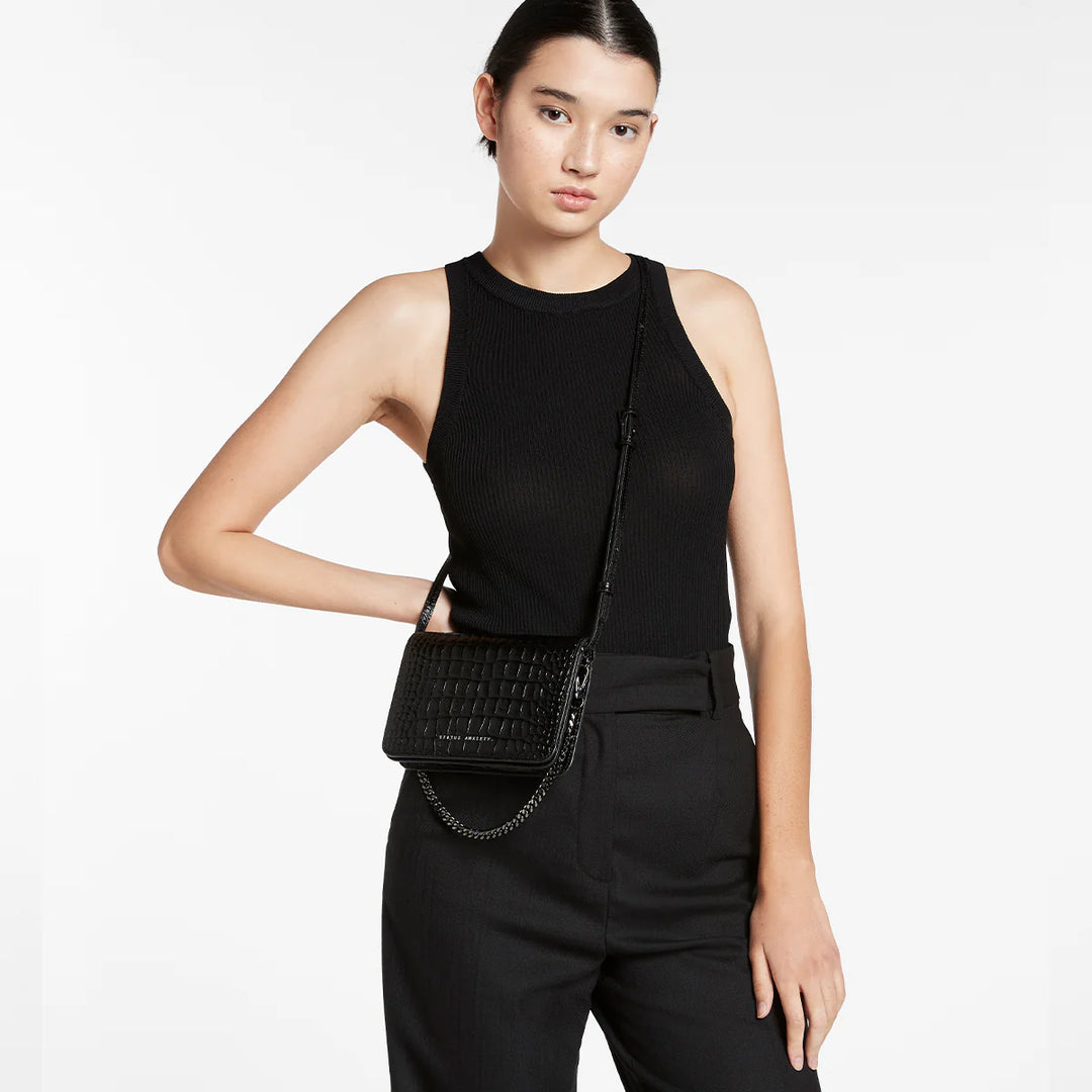 STATUS ANXIETY Womens She Burns Leather Bag - Black Croc Emboss, WOMENS BAGS & CLUTCHES, STATUS ANXIETY, Elwood 101