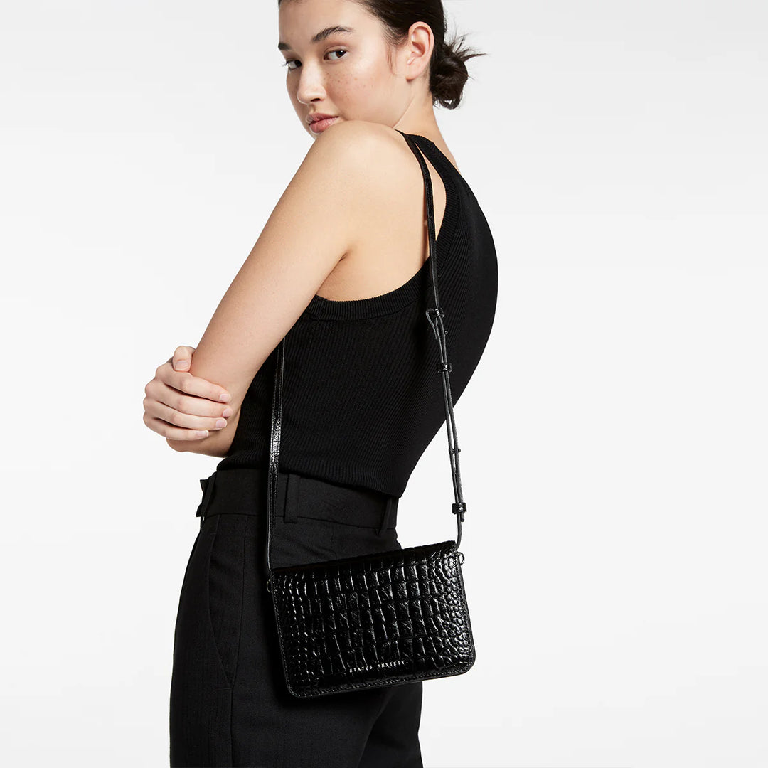 STATUS ANXIETY Womens She Burns Leather Bag - Black Croc Emboss, WOMENS BAGS & CLUTCHES, STATUS ANXIETY, Elwood 101