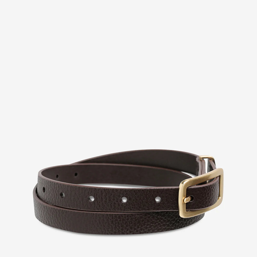 STATUS ANXIETY Womens Muse Leather Belt Choc/Gold