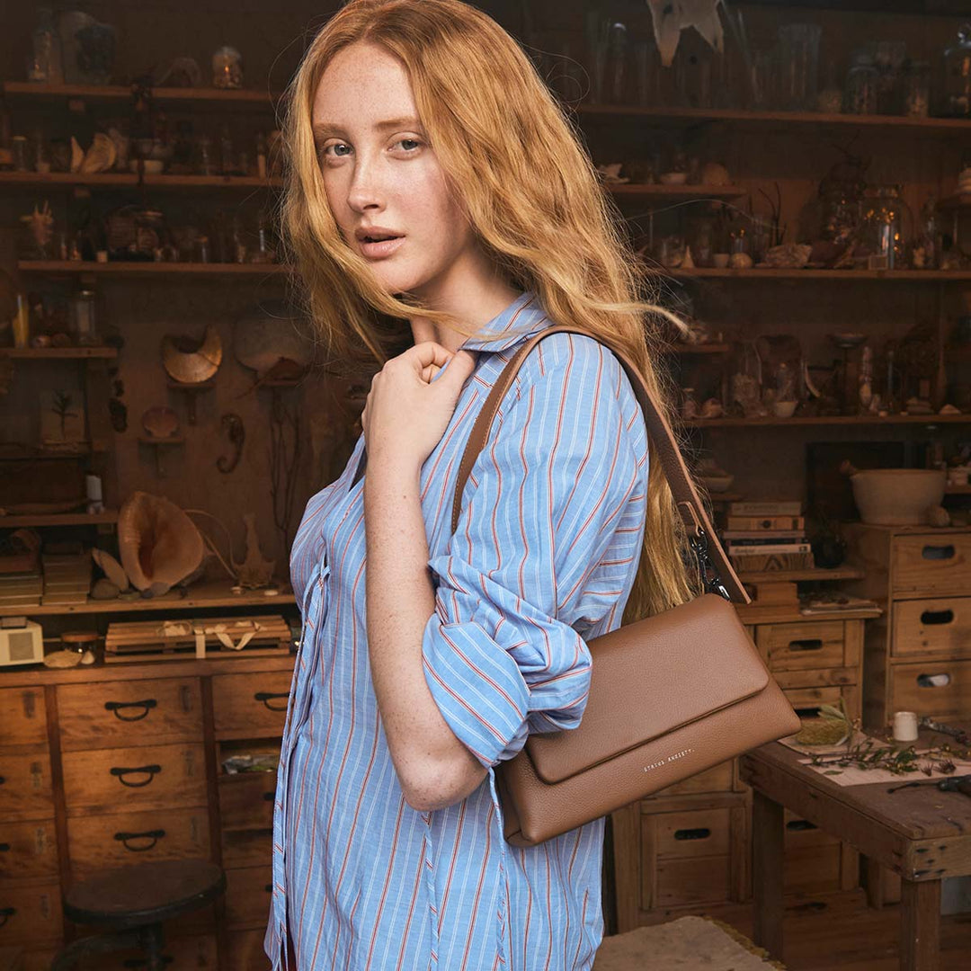 STATUS ANXIETY Womens Zenith Leather Bag - Camel, WOMENS BAGS & CLUTCHES, STATUS ANXIETY, Elwood 101