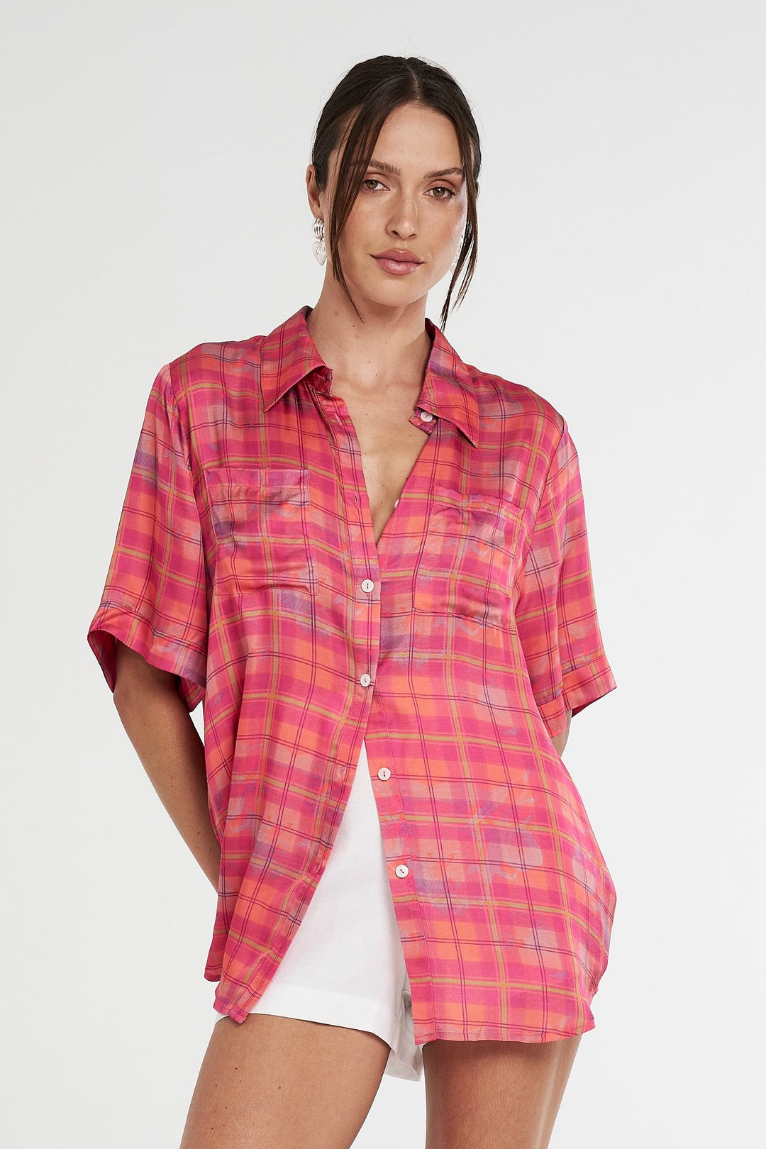 SUMMI SUMMI Womens Button Up Shirt Neon Plaid, WOMENS TOPS & SHIRTS, SUMMI SUMMI, Elwood 101