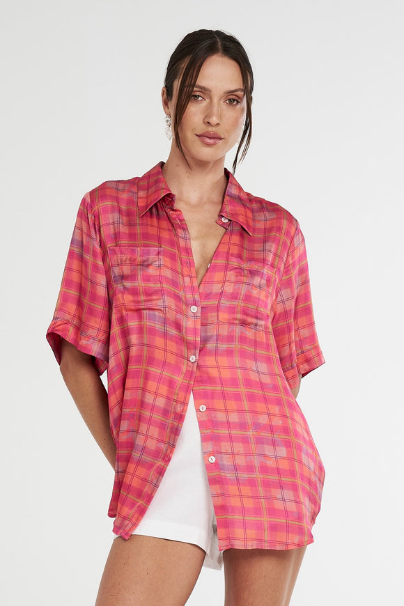 SUMMI SUMMI Womens Button Up Shirt Neon Plaid