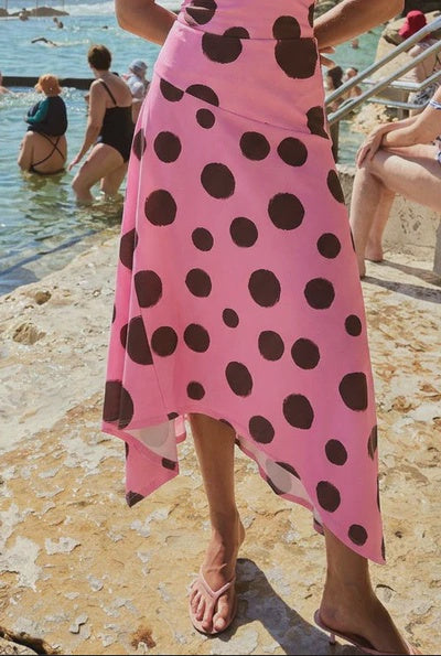 SUMMI SUMMI Womens Frenchie Midi Skirt in Big Dotti Pink, WOMENS SKIRTS, SUMMI SUMMI, Elwood 101