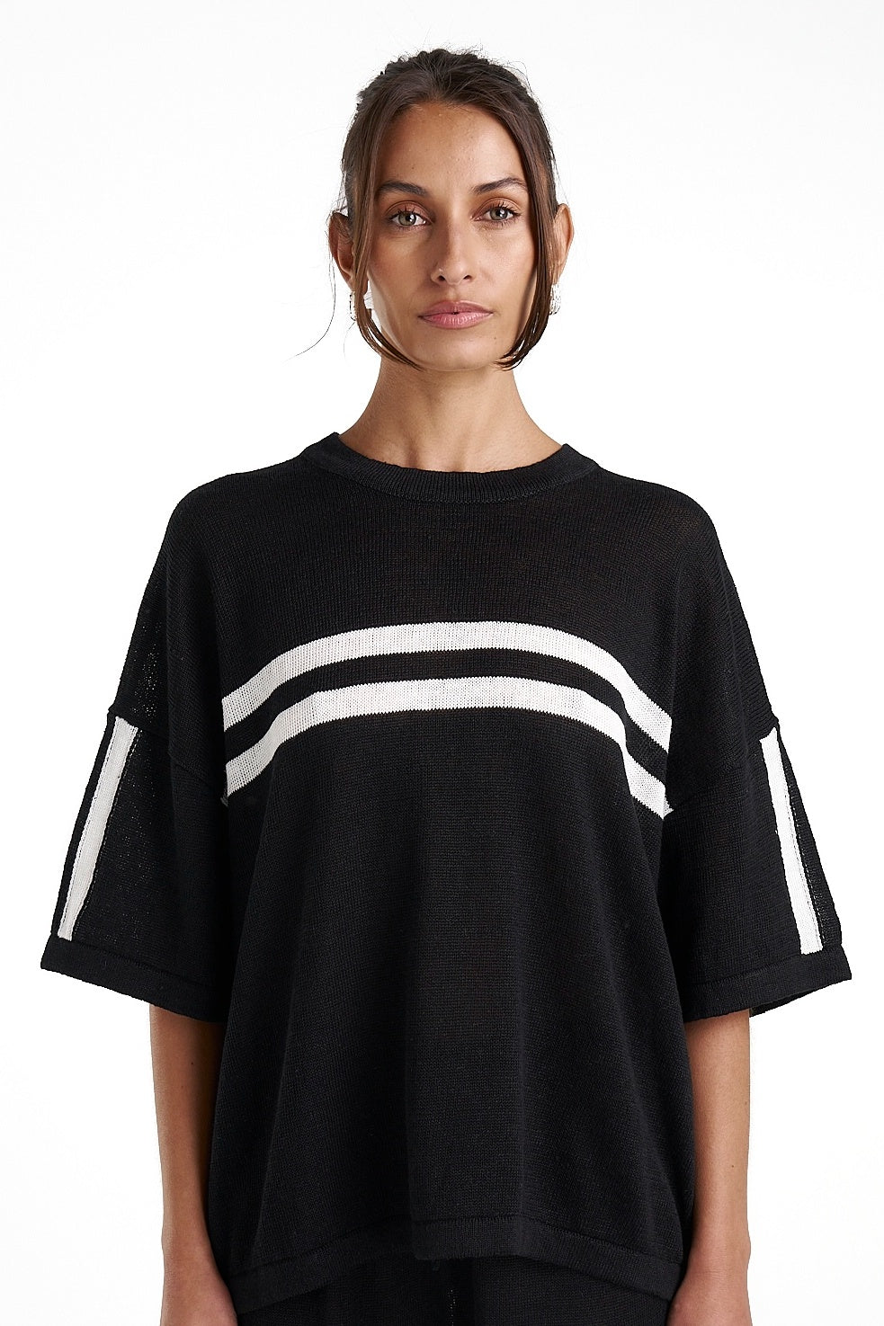 SUMMI SUMMI Womens Knit LinenTee - Black w Cream Stripe, WOMENS TOPS & SHIRTS, SUMMI SUMMI, Elwood 101
