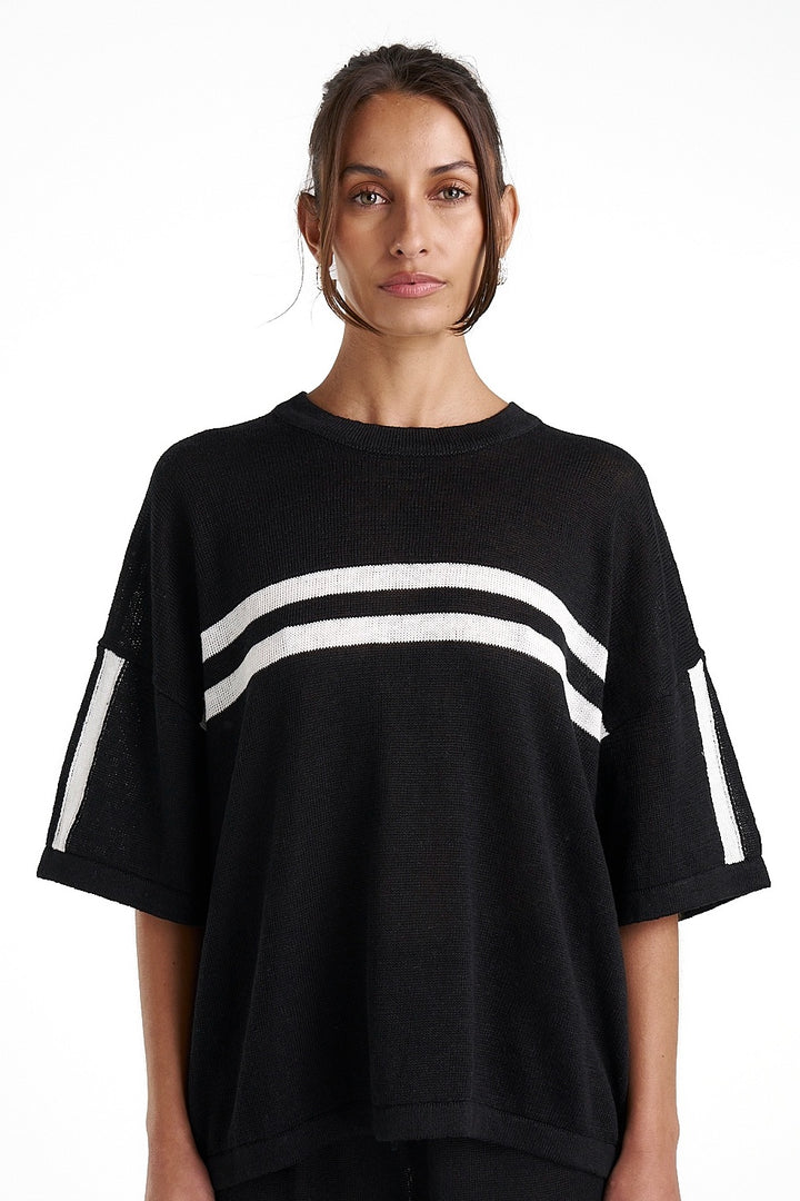 SUMMI SUMMI Womens Knit LinenTee - Black w Cream Stripe, WOMENS TOPS & SHIRTS, SUMMI SUMMI, Elwood 101