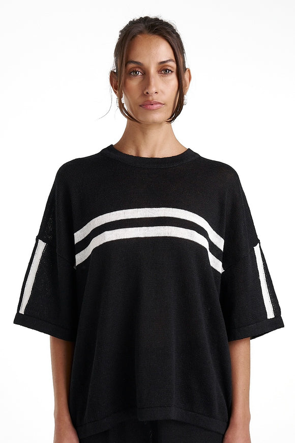 SUMMI SUMMI Womens Knit LinenTee - Black w Cream Stripe, WOMENS TOPS & SHIRTS, SUMMI SUMMI, Elwood 101