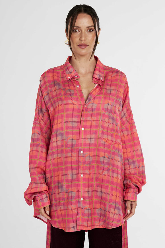 SUMMI SUMMI Womens Long Sleeve Oversized Shirt - Neon Plaid