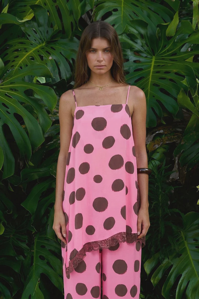 SUMMI SUMMI Womens Asym Shift Top in Big Dotti Pink, WOMENS TOPS & SHIRTS, SUMMI SUMMI, Elwood 101