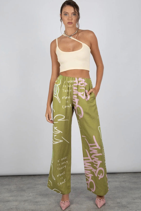 SUMMI SUMMI Womens Linen Pants - Graffiti Butterfly Khaki, WOMENS PANTS, SUMMI SUMMI, Elwood 101