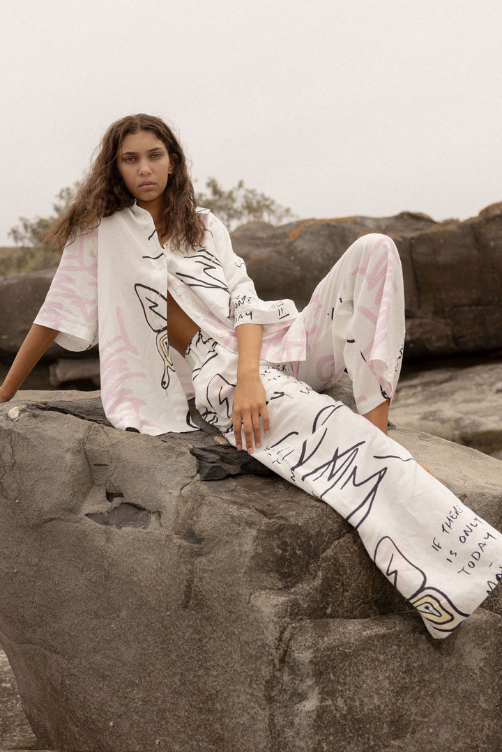 SUMMI SUMMI Womens Linen Pants - Graffiti Butterfly White, WOMENS PANTS, SUMMI SUMMI, Elwood 101
