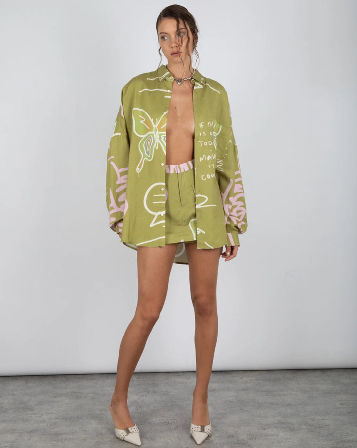SUMMI SUMMI Womens Linen Skort - Graffiti Butterfly Khaki, WOMENS SHORTS, SUMMI SUMMI, Elwood 101