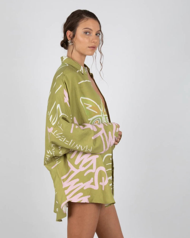 SUMMI SUMMI Womens Oversized Linen Long Sleeve Shirt - Graffiti Butterfly Khaki, WOMENS TOPS & SHIRTS, SUMMI SUMMI, Elwood 101
