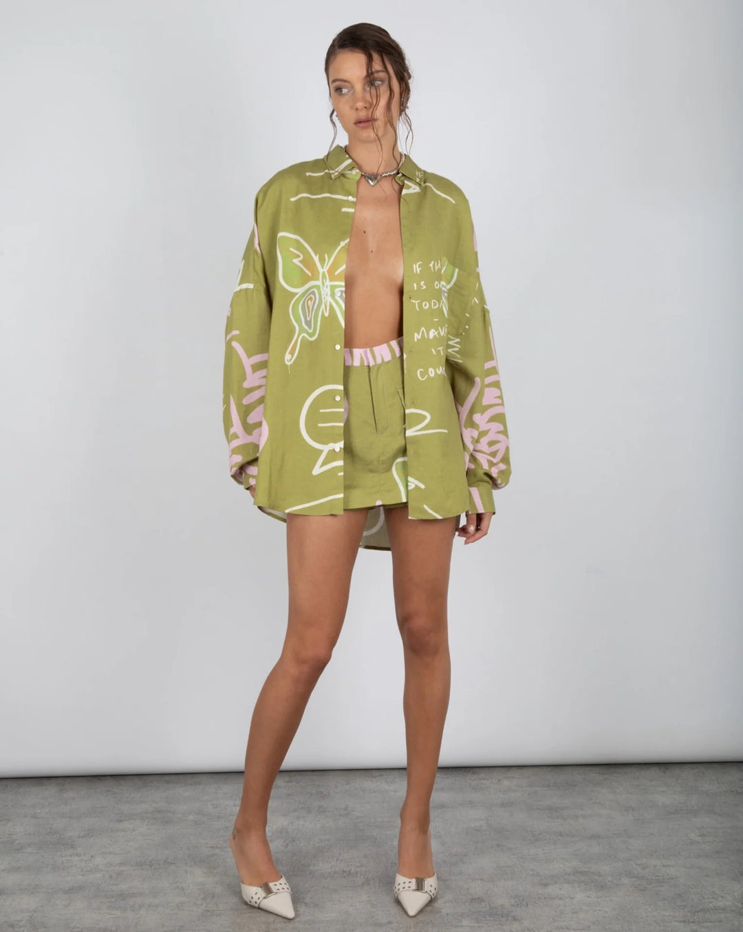 SUMMI SUMMI Womens Oversized Linen Long Sleeve Shirt - Graffiti Butterfly Khaki, WOMENS TOPS & SHIRTS, SUMMI SUMMI, Elwood 101