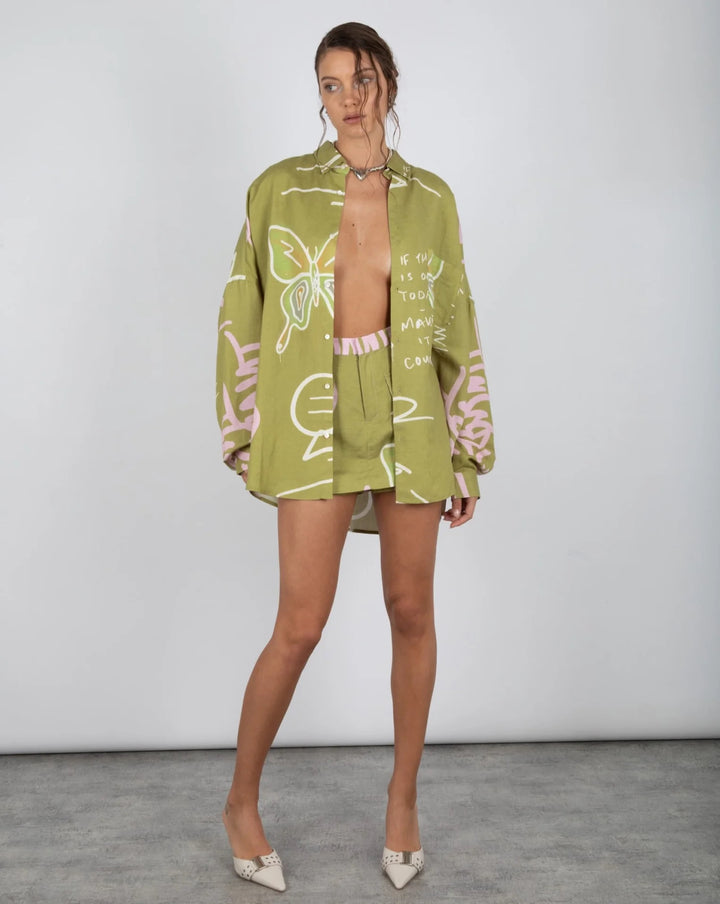 SUMMI SUMMI Womens Oversized Linen Long Sleeve Shirt - Graffiti Butterfly Khaki, WOMENS TOPS & SHIRTS, SUMMI SUMMI, Elwood 101