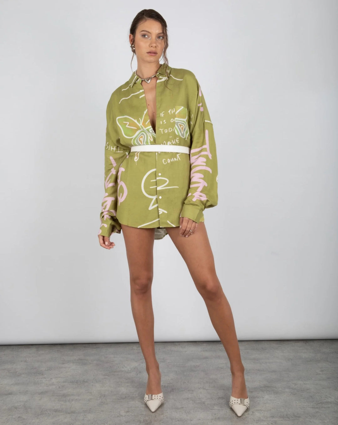 SUMMI SUMMI Womens Oversized Linen Long Sleeve Shirt - Graffiti Butterfly Khaki, WOMENS TOPS & SHIRTS, SUMMI SUMMI, Elwood 101