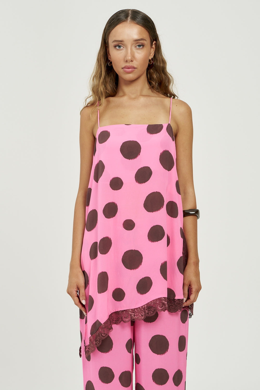 SUMMI SUMMI Womens Asym Shift Top in Big Dotti Pink, WOMENS TOPS & SHIRTS, SUMMI SUMMI, Elwood 101
