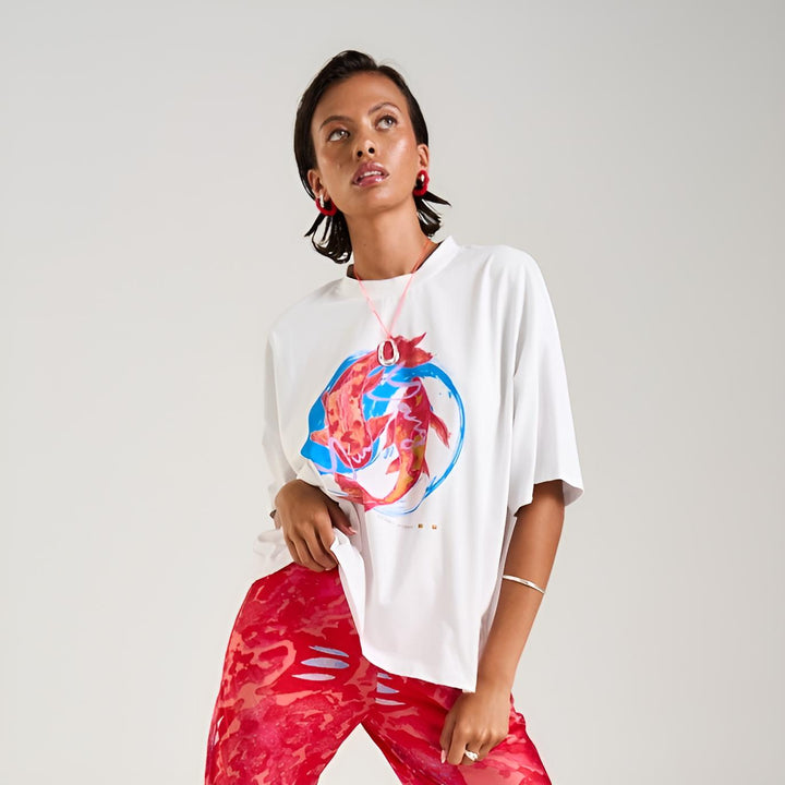 SUMMI SUMMI Womens Band Tee in White with Koi Print