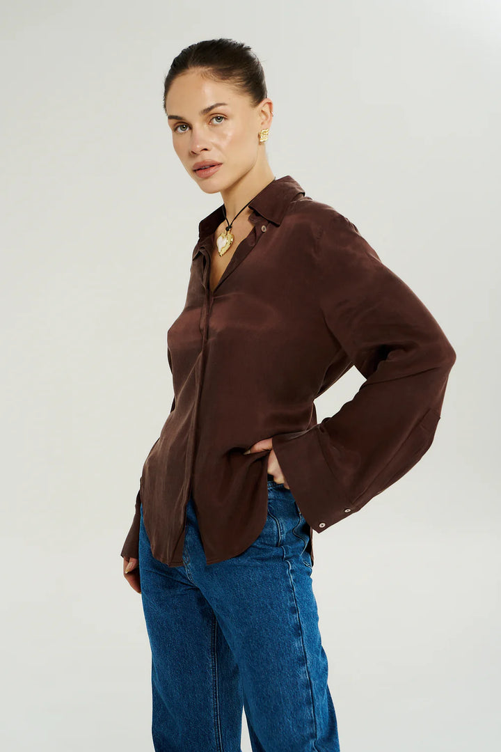 SUMMI SUMMI Womens Bowie Long Sleeve Shirt in Chocolat, WOMENS TOPS & SHIRTS, SUMMI SUMMI, Elwood 101