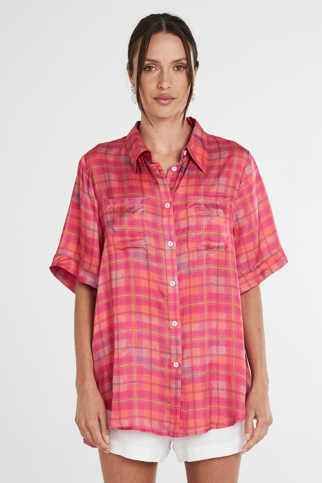 SUMMI SUMMI Womens Button Up Shirt Neon Plaid, WOMENS TOPS & SHIRTS, SUMMI SUMMI, Elwood 101