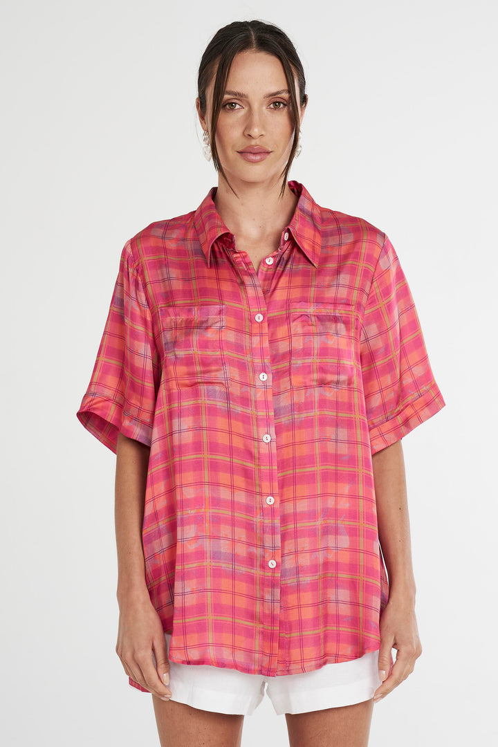 SUMMI SUMMI Womens Button Up Shirt Neon Plaid, WOMENS TOPS & SHIRTS, SUMMI SUMMI, Elwood 101