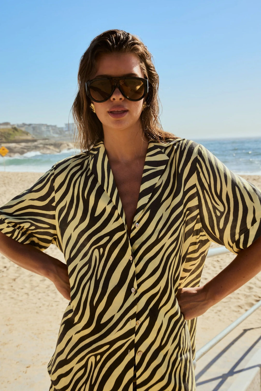 SUMMI SUMMI Womens Button Up Short Sleeve Linen Shirt in Zebra Print, WOMENS TOPS & SHIRTS, SUMMI SUMMI, Elwood 101