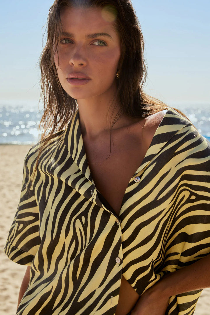 SUMMI SUMMI Womens Button Up Short Sleeve Linen Shirt in Zebra Print, WOMENS TOPS & SHIRTS, SUMMI SUMMI, Elwood 101