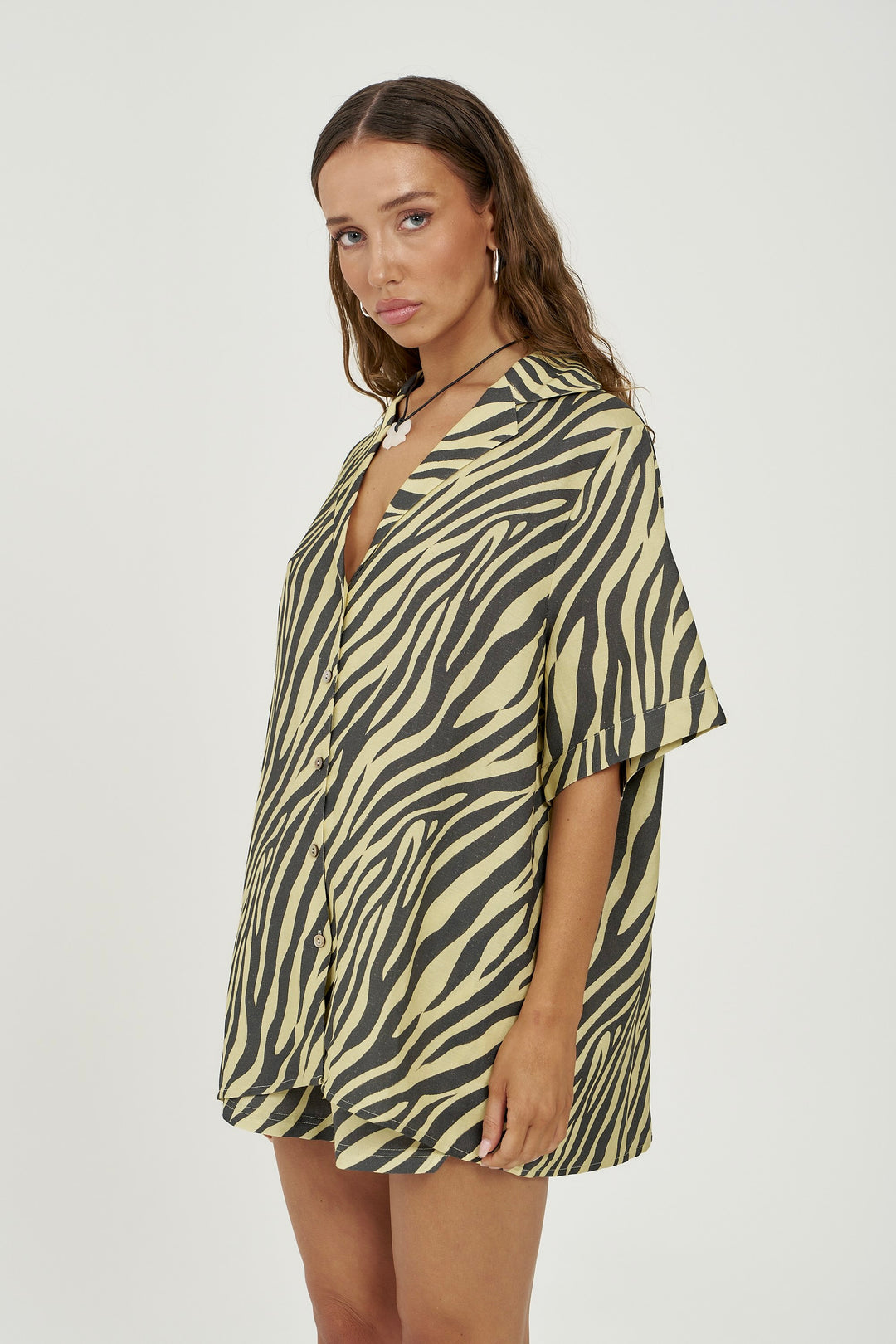 SUMMI SUMMI Womens Button Up Short Sleeve Linen Shirt in Zebra Print, WOMENS TOPS & SHIRTS, SUMMI SUMMI, Elwood 101