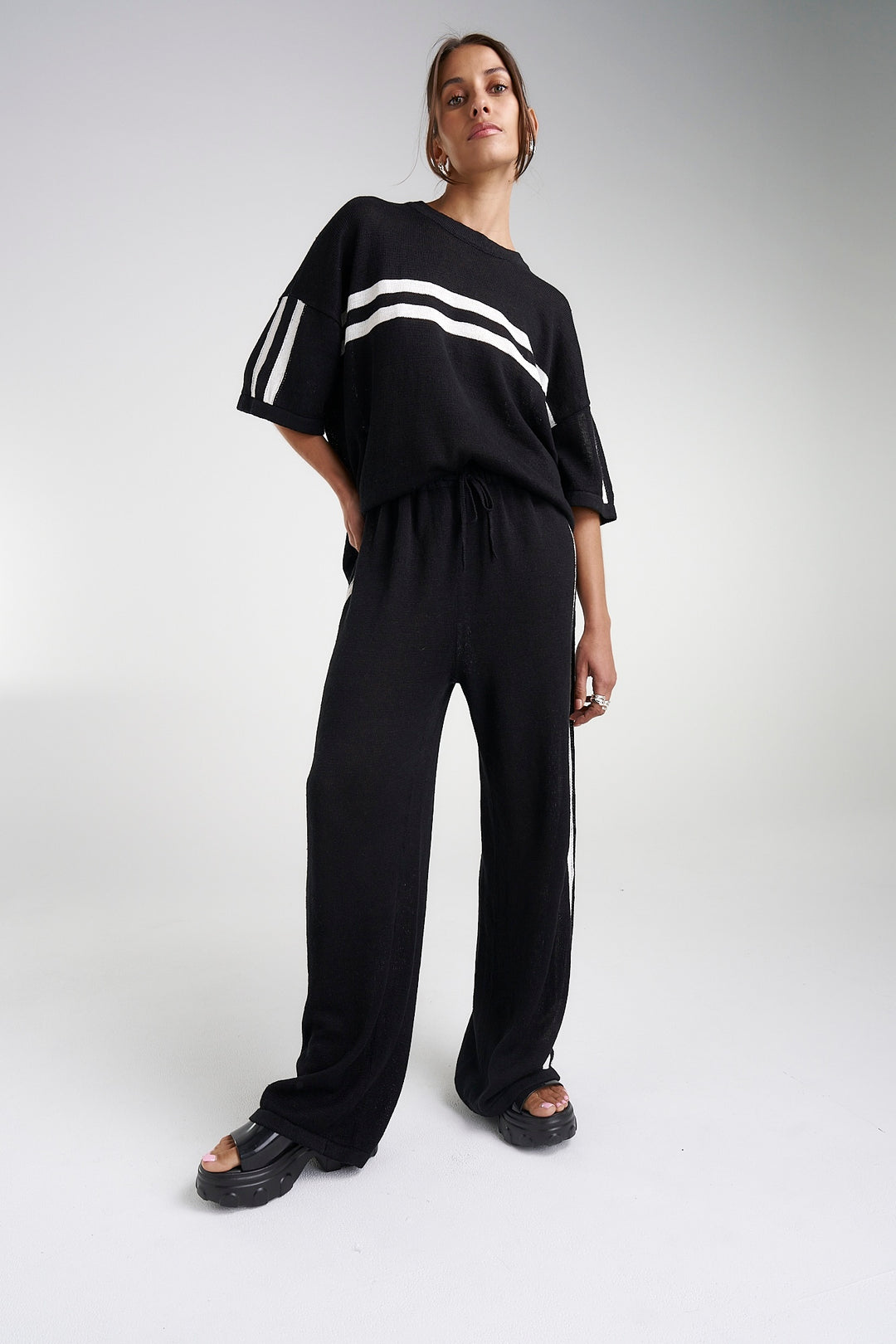 SUMMI SUMMI Womens Knit LinenTee - Black w Cream Stripe, WOMENS TOPS & SHIRTS, SUMMI SUMMI, Elwood 101
