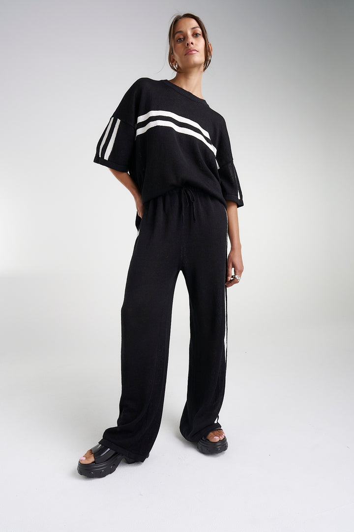 SUMMI SUMMI Womens Knit LinenTee - Black w Cream Stripe, WOMENS TOPS & SHIRTS, SUMMI SUMMI, Elwood 101