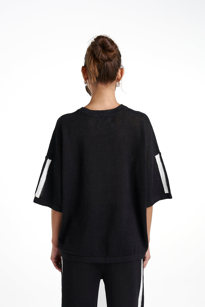 SUMMI SUMMI Womens Knit LinenTee - Black w Cream Stripe, WOMENS TOPS & SHIRTS, SUMMI SUMMI, Elwood 101