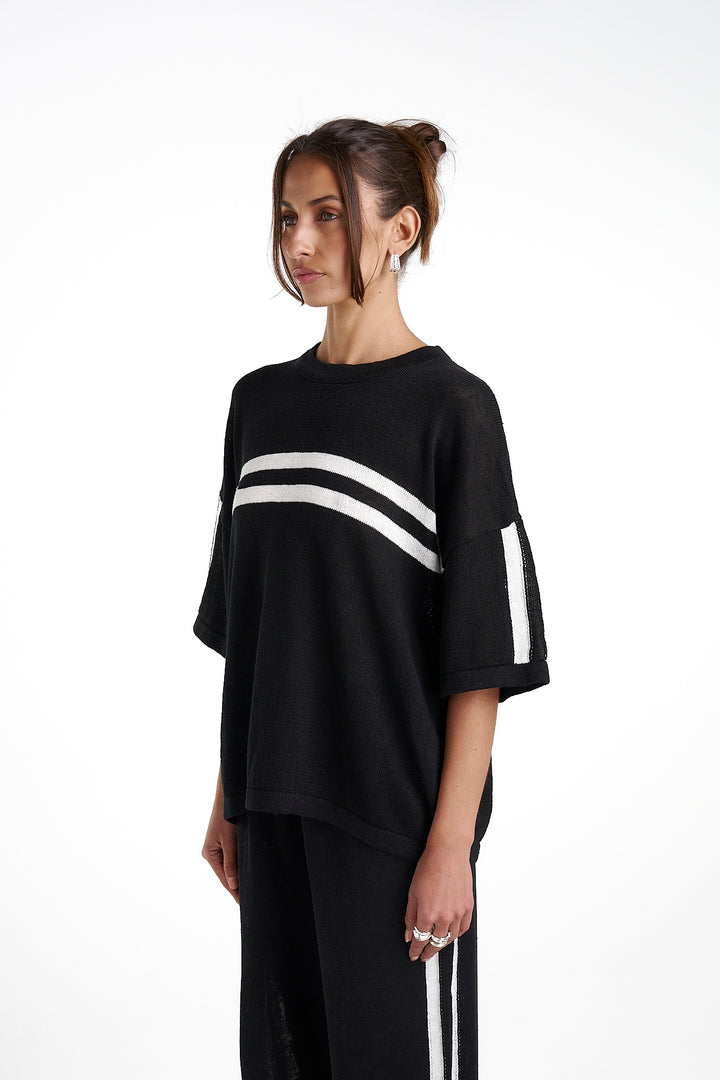 SUMMI SUMMI Womens Knit LinenTee - Black w Cream Stripe, WOMENS TOPS & SHIRTS, SUMMI SUMMI, Elwood 101
