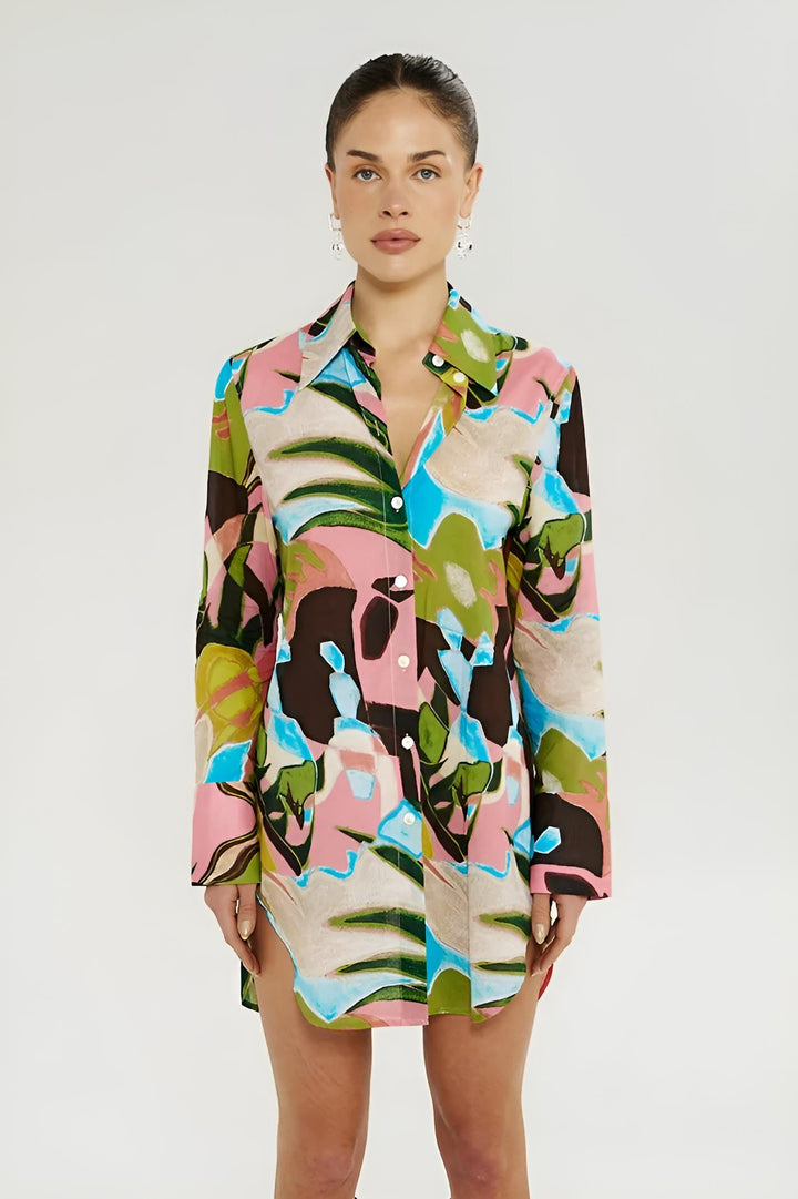 SUMMI SUMMI Womens LS Ash Shirt Dress in Wonderland Print, WOMENS DRESSES, SUMMI SUMMI, Elwood 101