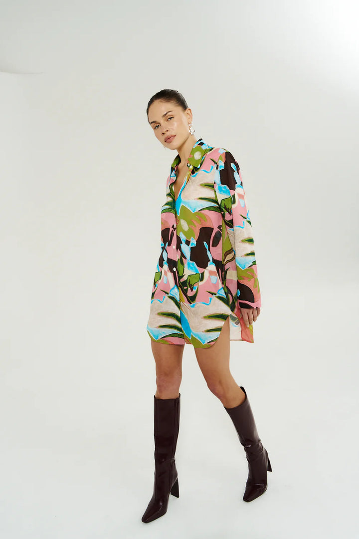 SUMMI SUMMI Womens LS Ash Shirt Dress in Wonderland Print, WOMENS DRESSES, SUMMI SUMMI, Elwood 101