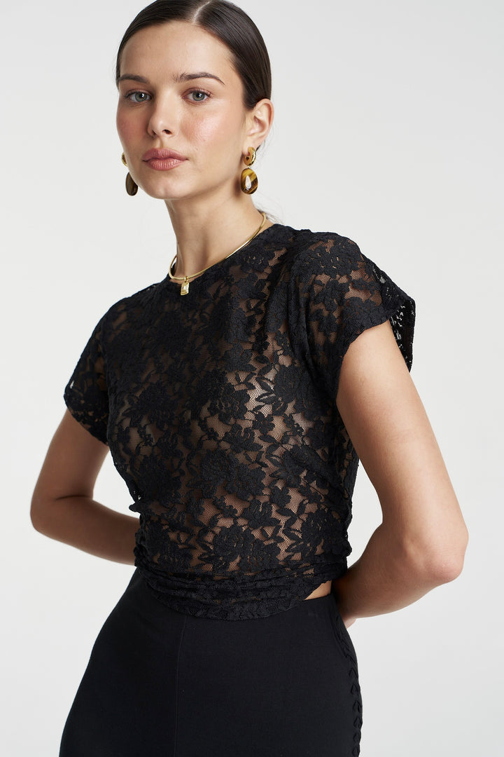 SUMMI SUMMI Womens Lace Baby Doll Tee in Black, WOMENS TOPS & SHIRTS, SUMMI SUMMI, Elwood 101