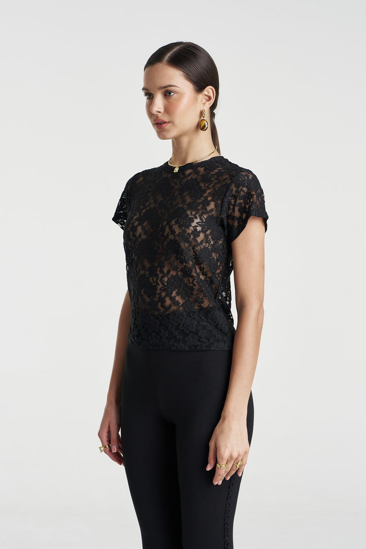SUMMI SUMMI Womens Lace Baby Doll Tee in Black, WOMENS TOPS & SHIRTS, SUMMI SUMMI, Elwood 101