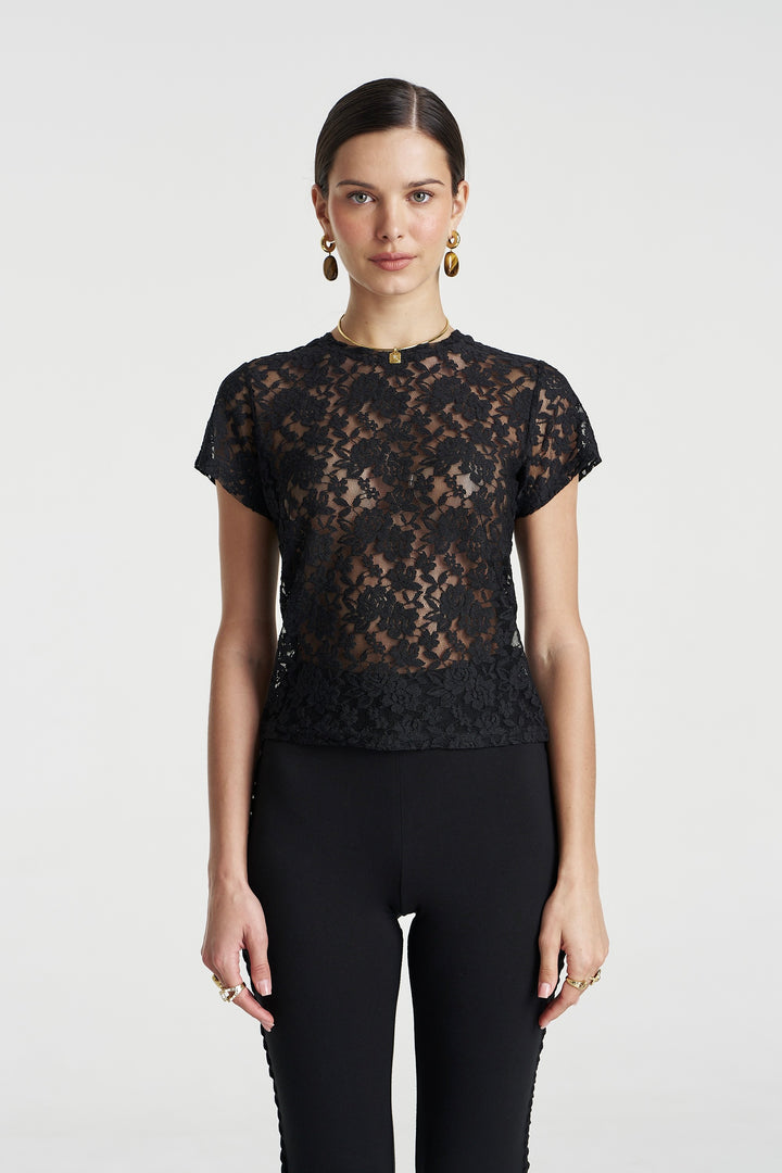 SUMMI SUMMI Womens Lace Baby Doll Tee in Black, WOMENS TOPS & SHIRTS, SUMMI SUMMI, Elwood 101