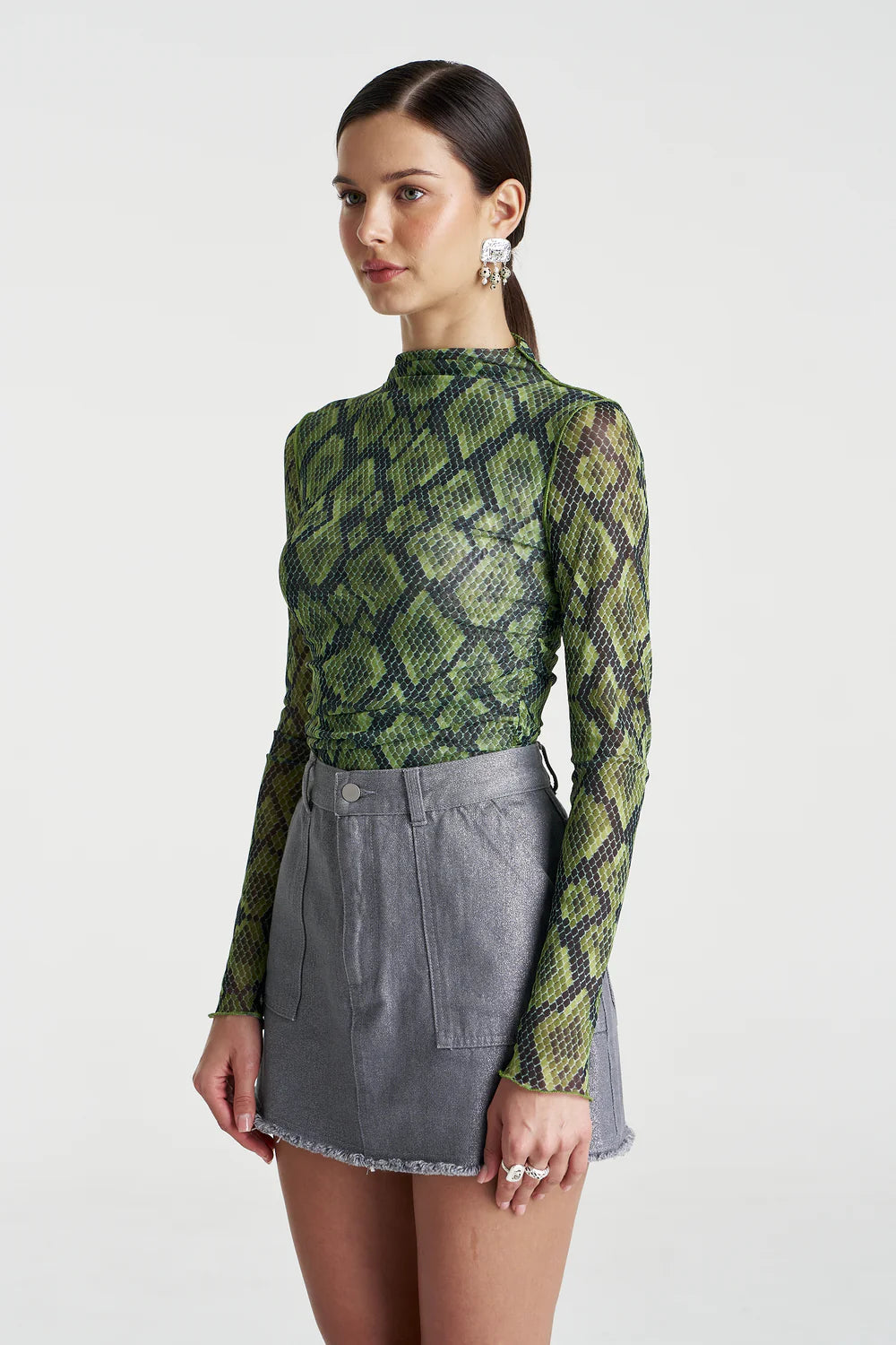 SUMMI SUMMI Womens Mesh Long Sleeve Rouched Skivvy in Viper, WOMENS TOPS & SHIRTS, SUMMI SUMMI, Elwood 101