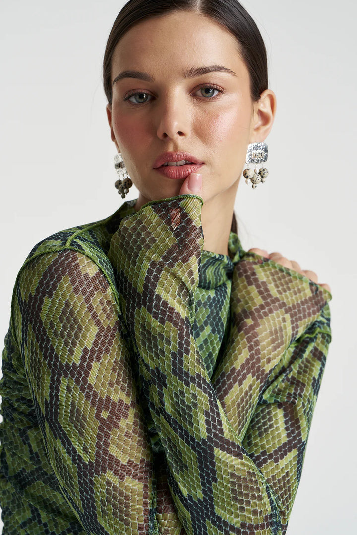 SUMMI SUMMI Womens Mesh Long Sleeve Rouched Skivvy in Viper, WOMENS TOPS & SHIRTS, SUMMI SUMMI, Elwood 101