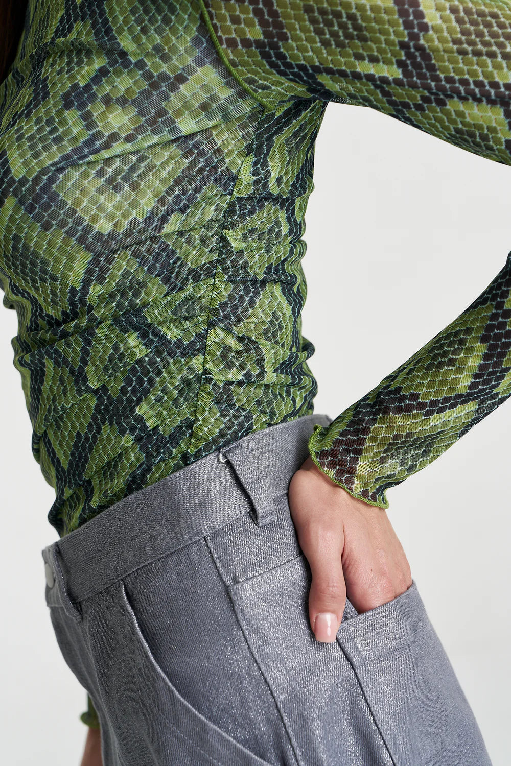 SUMMI SUMMI Womens Mesh Long Sleeve Rouched Skivvy in Viper, WOMENS TOPS & SHIRTS, SUMMI SUMMI, Elwood 101