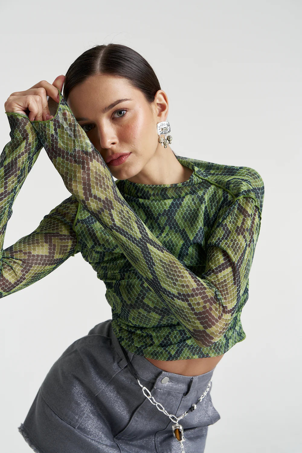 SUMMI SUMMI Womens Mesh Long Sleeve Rouched Skivvy in Viper, WOMENS TOPS & SHIRTS, SUMMI SUMMI, Elwood 101