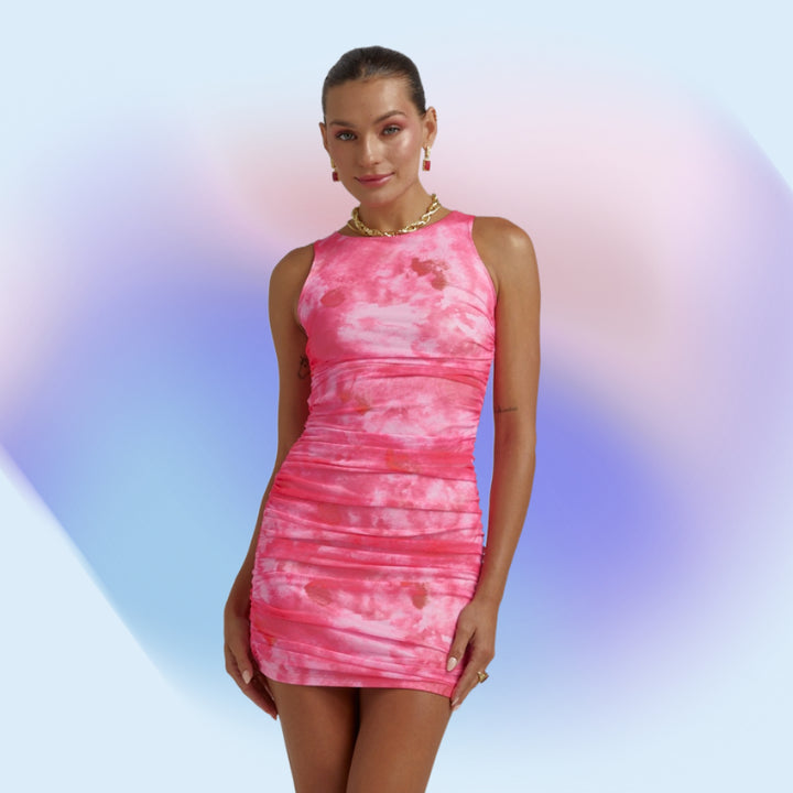 SUMMI SUMMI Womens Mesh Ruched Mini Dress - Hibiscus, WOMENS DRESSES, SUMMI SUMMI, Elwood 101