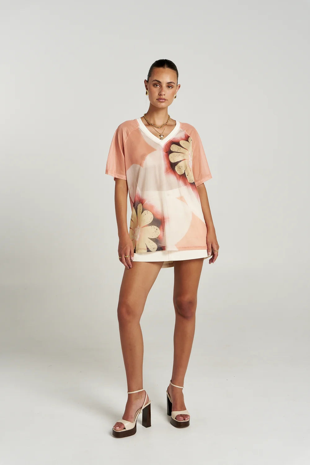 SUMMI SUMMI Womens Harlequin Mesh Tee in Harlequin Floral Print