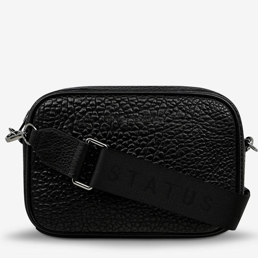 STATUS ANXIETY Womens Plunder Leather Bag with Webbed Strap - Black Bubble, WOMENS BAGS & CLUTCHES, STATUS ANXIETY, Elwood 101