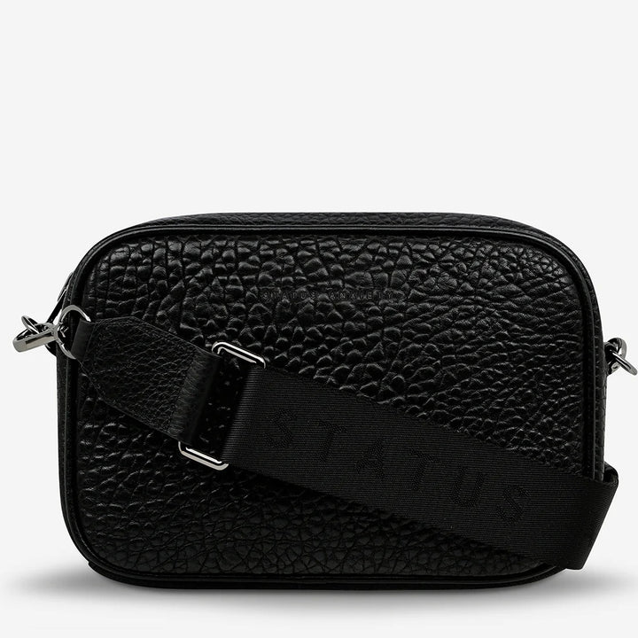 STATUS ANXIETY Womens Plunder Leather Bag with Webbed Strap - Black Bubble, WOMENS BAGS & CLUTCHES, STATUS ANXIETY, Elwood 101