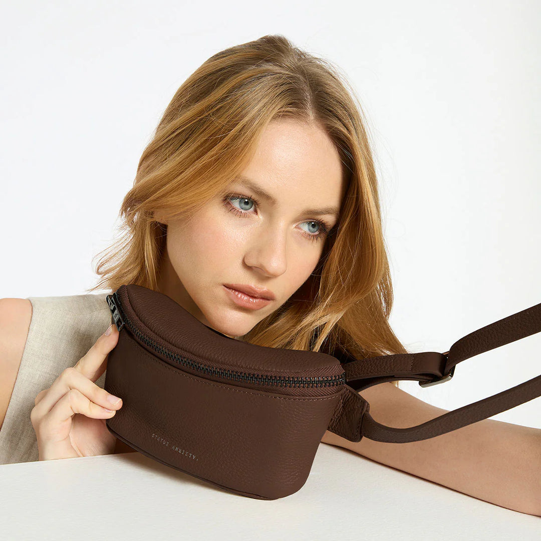 STATUS ANXIETY Womens Best Lies Leather Bum Bag Cocoa, WOMENS BAGS & CLUTCHES, STATUS ANXIETY, Elwood 101