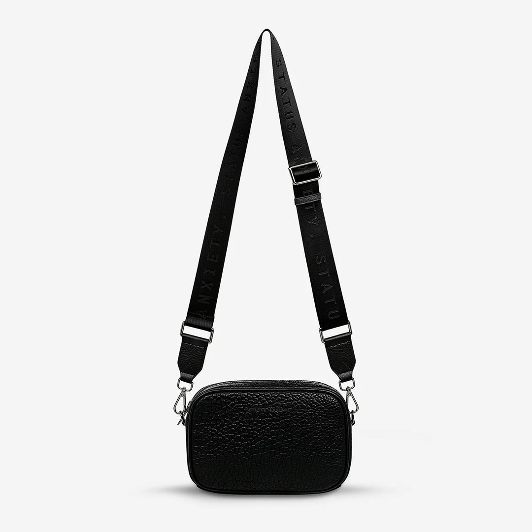 STATUS ANXIETY Womens Plunder Leather Bag with Webbed Strap - Black Bubble, WOMENS BAGS & CLUTCHES, STATUS ANXIETY, Elwood 101