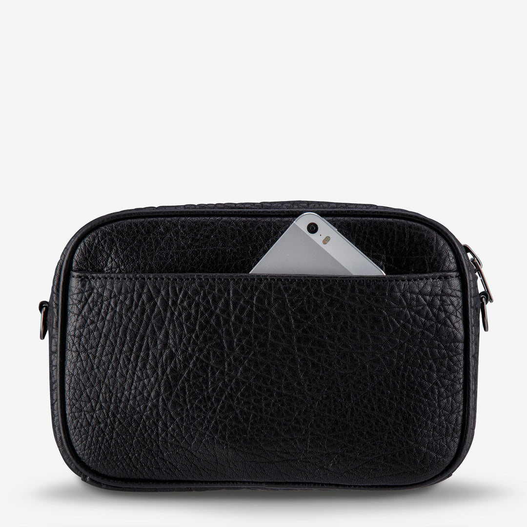 STATUS ANXIETY Womens Plunder Leather Bag with Webbed Strap - Black Bubble, WOMENS BAGS & CLUTCHES, STATUS ANXIETY, Elwood 101
