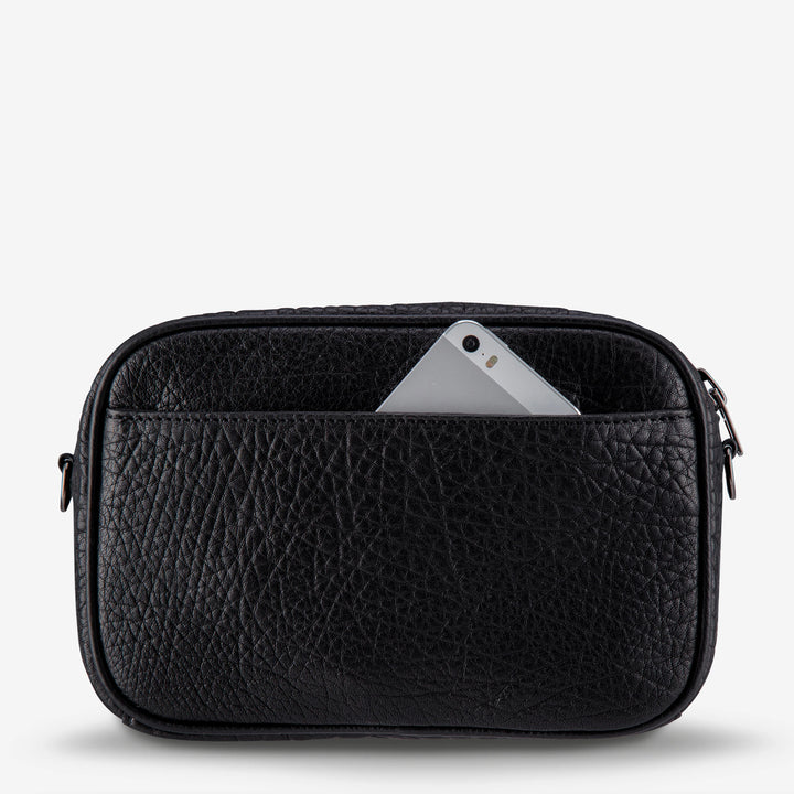 STATUS ANXIETY Womens Plunder Leather Bag with Webbed Strap - Black Bubble, WOMENS BAGS & CLUTCHES, STATUS ANXIETY, Elwood 101