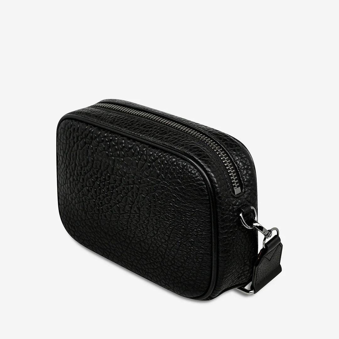STATUS ANXIETY Womens Plunder Leather Bag with Webbed Strap - Black Bubble, WOMENS BAGS & CLUTCHES, STATUS ANXIETY, Elwood 101